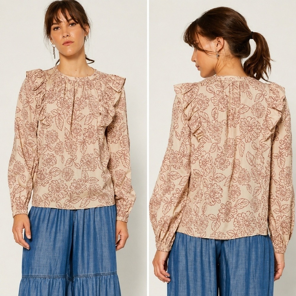 Anthropologie NEW Current Air Cream Pink Floral Ruffle Blouse Top SZ Large Boho